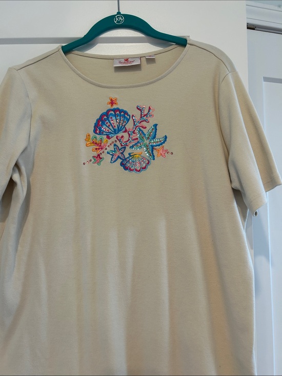 The Quaker Factory Tops - Seashell Embroidered Short-Sleeve woman’s - Cream top with embroidered and sequi
